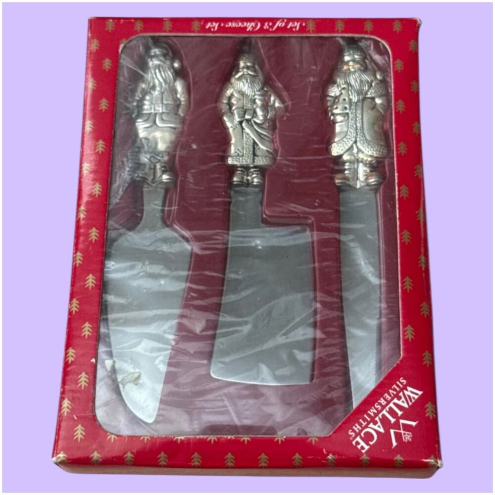 Wallace Silversmiths Santa Cheese Knife Set of 3 Silverplate Holiday NEW Boxed